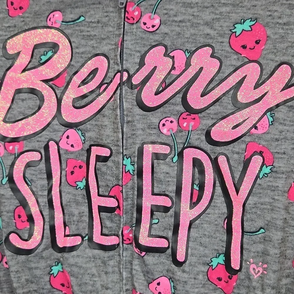 Justice Strawberry Pajama Romper Girls 6 7 Hooded Sleepwear Lounge One Piece Pjs